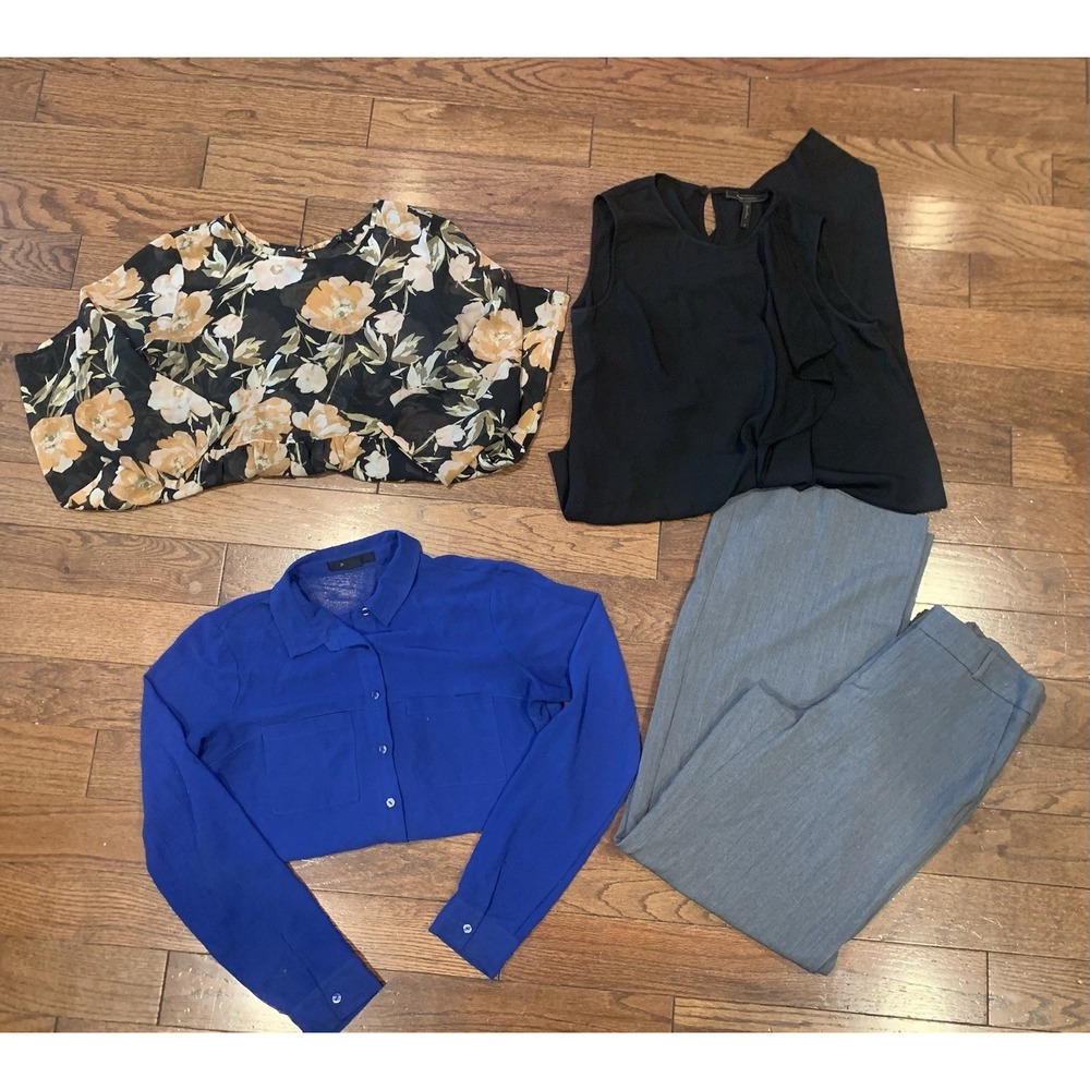 Women's Lot Of 4‎ Blue Blouse S:M/ Flwr Blouse S:S/ BCBG Blouse S: XS/ Pants S:2